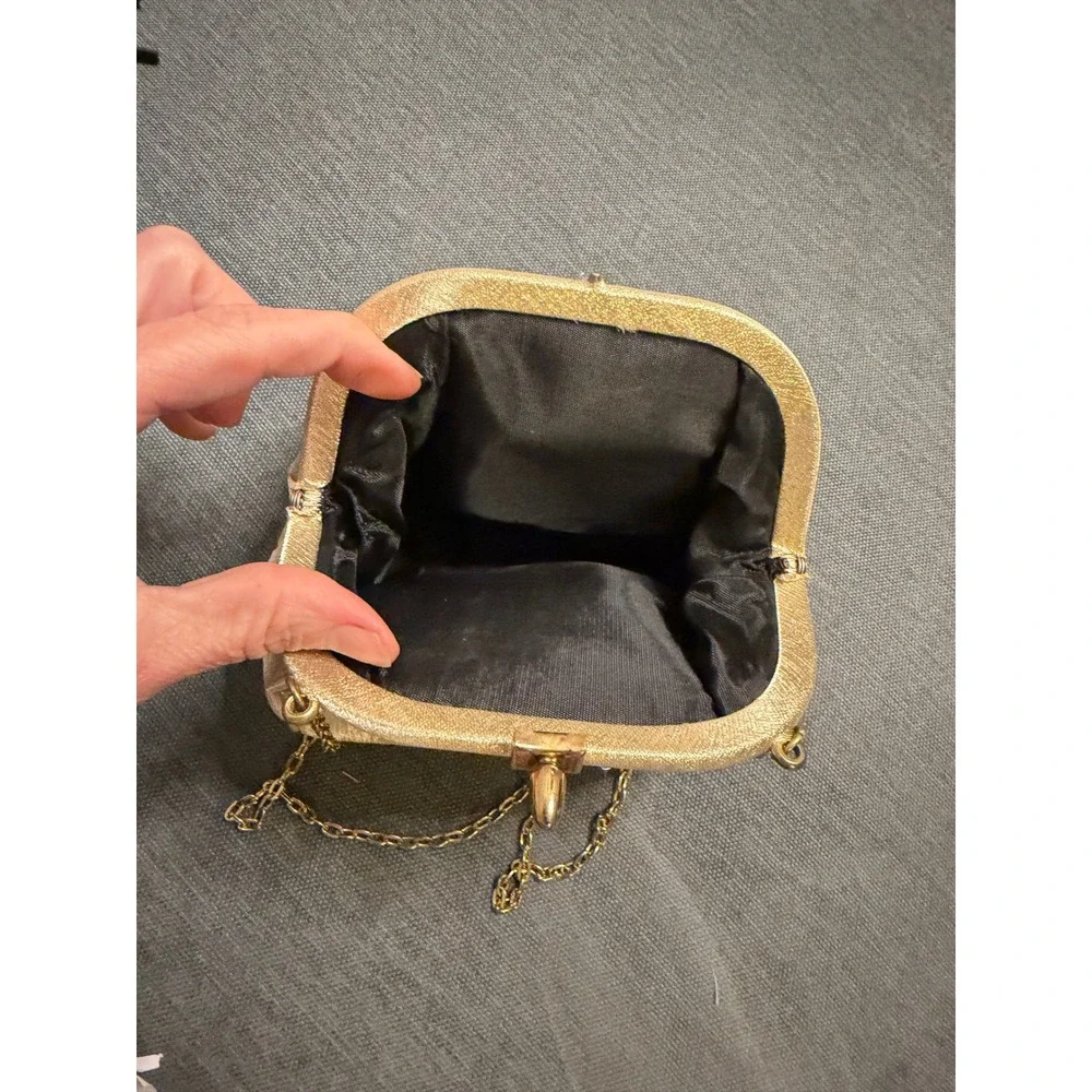 Vintage Gold Metallic Evening Clutch Bag Kiss Lock Chain Strap Formal‎ Wedding